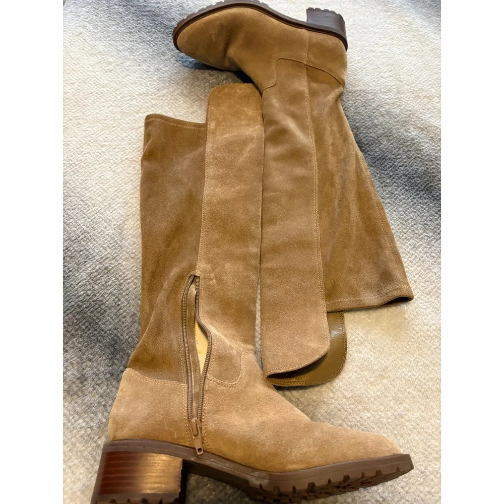 Sole Society Tan Suede Over The Knee Lug Sole Block Heel Boots Womens 7 NWOT